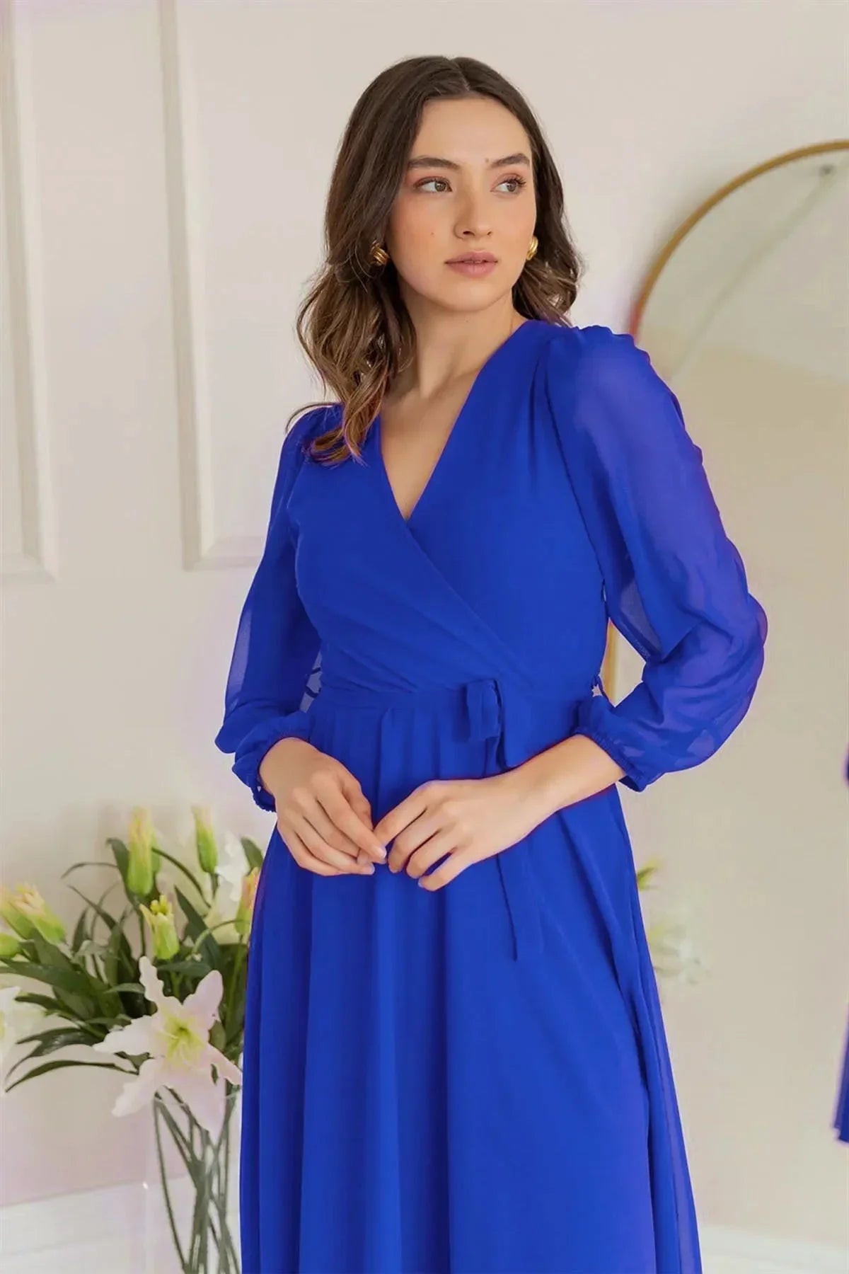 Women's Saxe Balloon Sleeve Wrap Midi Chiffon Dress