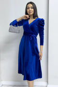 Saxe Blue Midi Length Velvet Dress