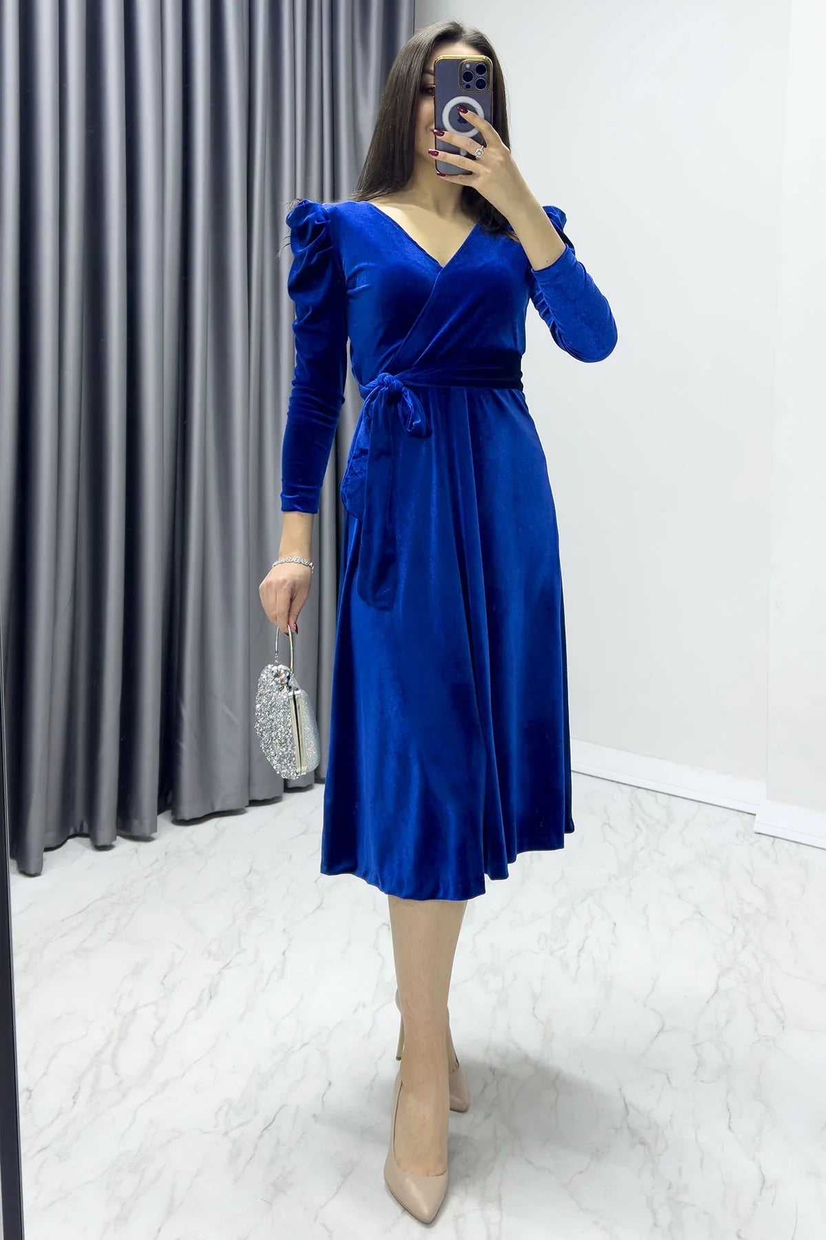 Women's Saxe Karpuz Sleeve Wrap Velvet Belted Plus Size Dress