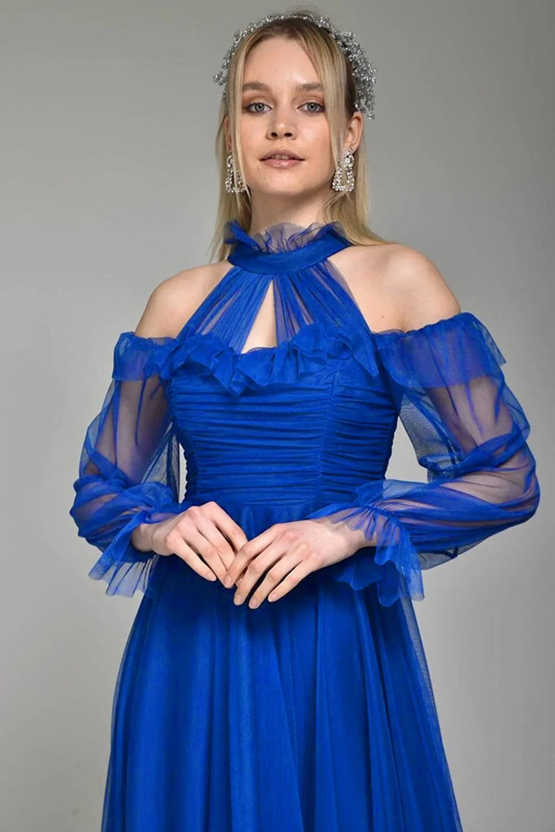 Women's Saxe Tulle Draped Plus Size Evening Gown