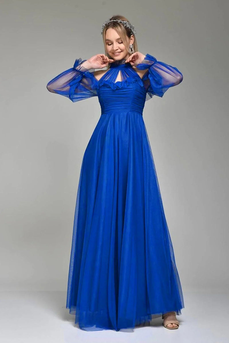 Women's Saxe Tulle Draped Plus Size Evening Gown