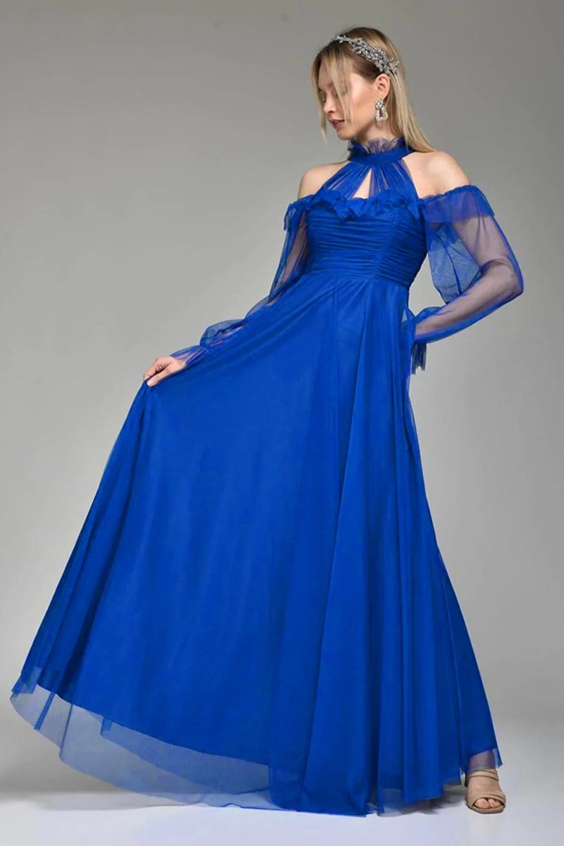 Women's Saxe Tulle Draped Plus Size Evening Gown