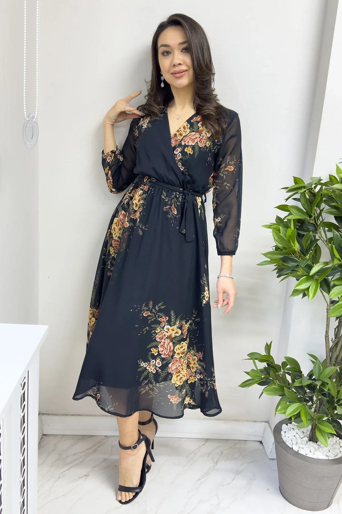 Women's Yellow Çiçek Patterned Balloon Sleeve Wrap Midi Chiffon Dress - the ZKS