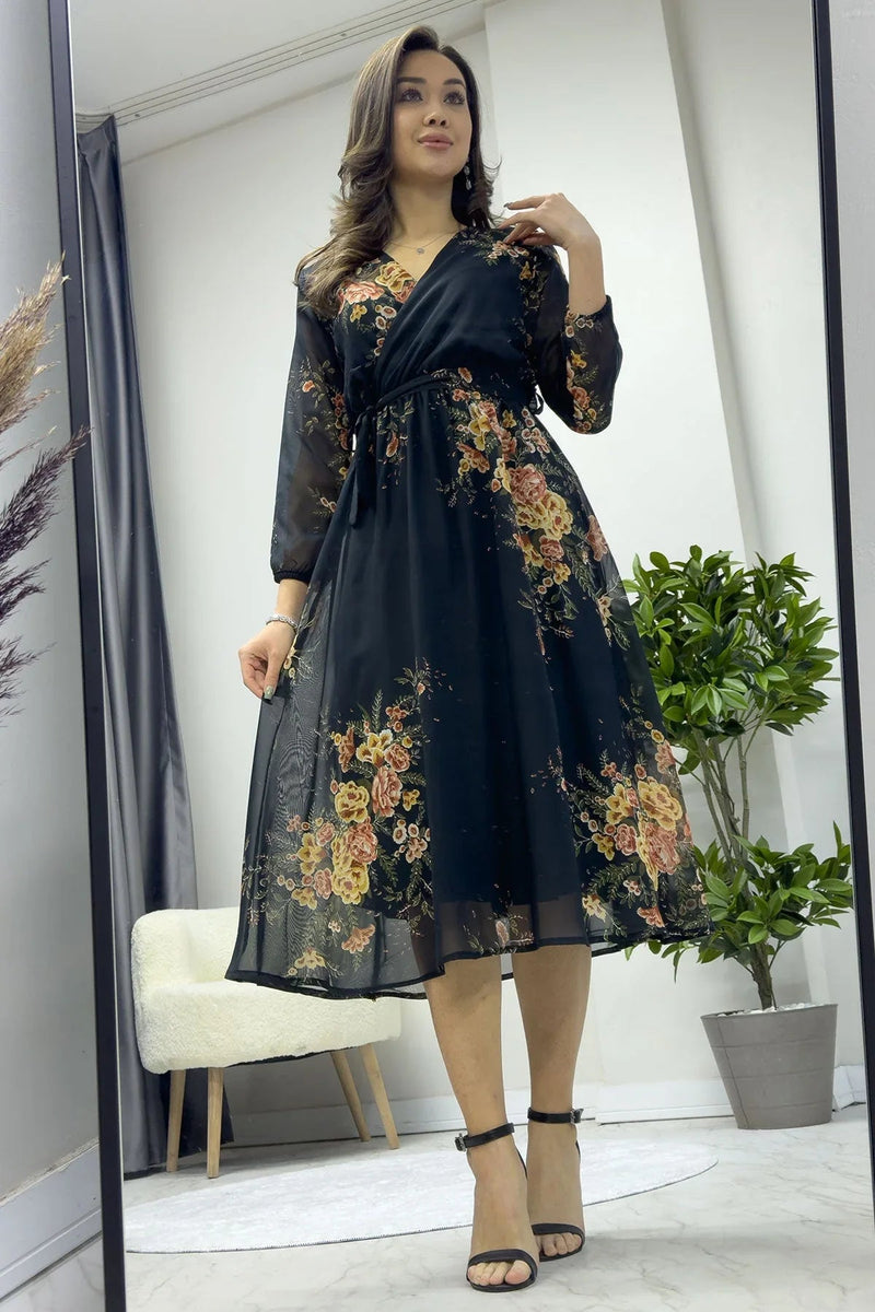 Women's Yellow Çiçek Patterned Balloon Sleeve Wrap Midi Chiffon Dress - the ZKS