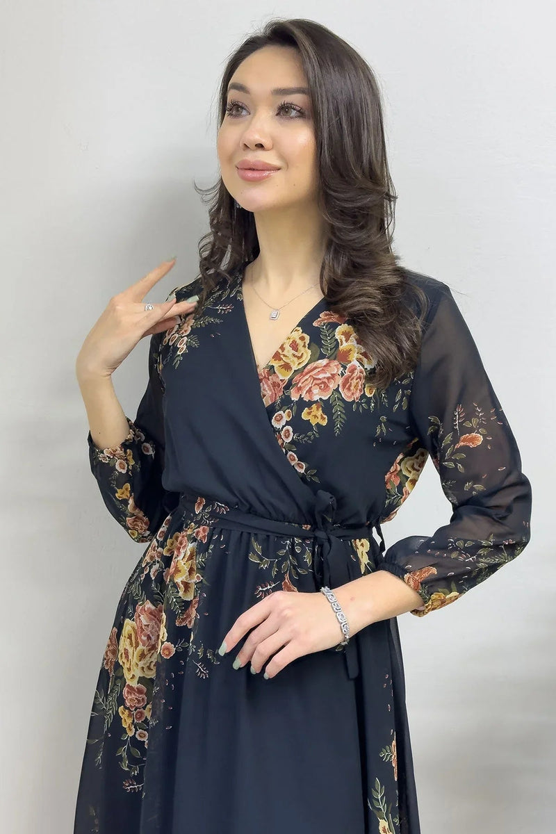 Women's Yellow Çiçek Patterned Balloon Sleeve Wrap Midi Chiffon Dress - the ZKS