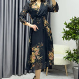 فستان شيفون متوسط ​​الطول بنقشة زهور صفراء