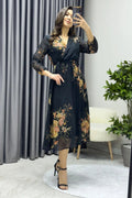 Yellow  Flower Patterned Midi Length Chiffon Dress