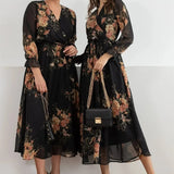 فستان شيفون متوسط ​​الطول بنقشة زهور صفراء