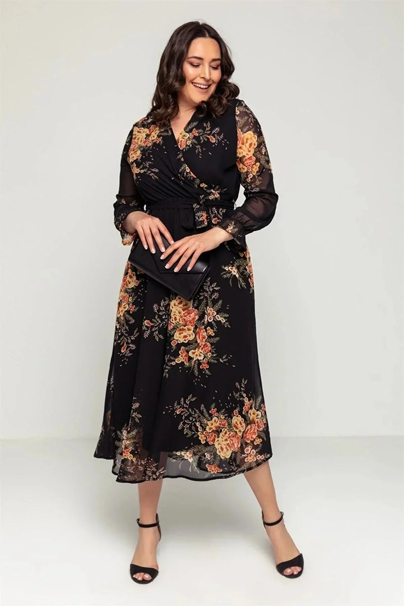 Women's Yellow Çiçek Patterned Wrap Neck Chiffon Plus Size Dress