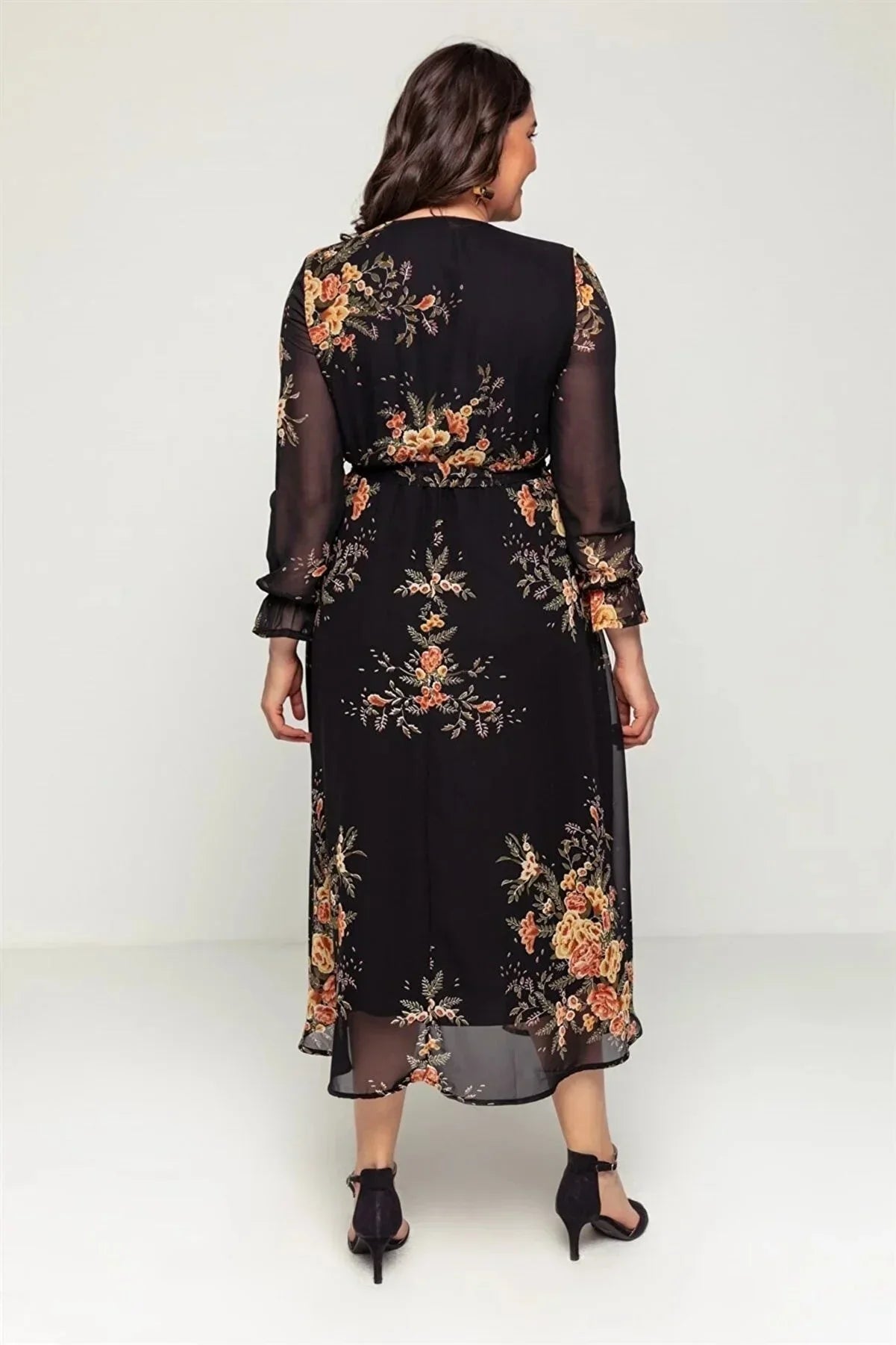 Women's Yellow Çiçek Patterned Wrap Neck Chiffon Plus Size Dress