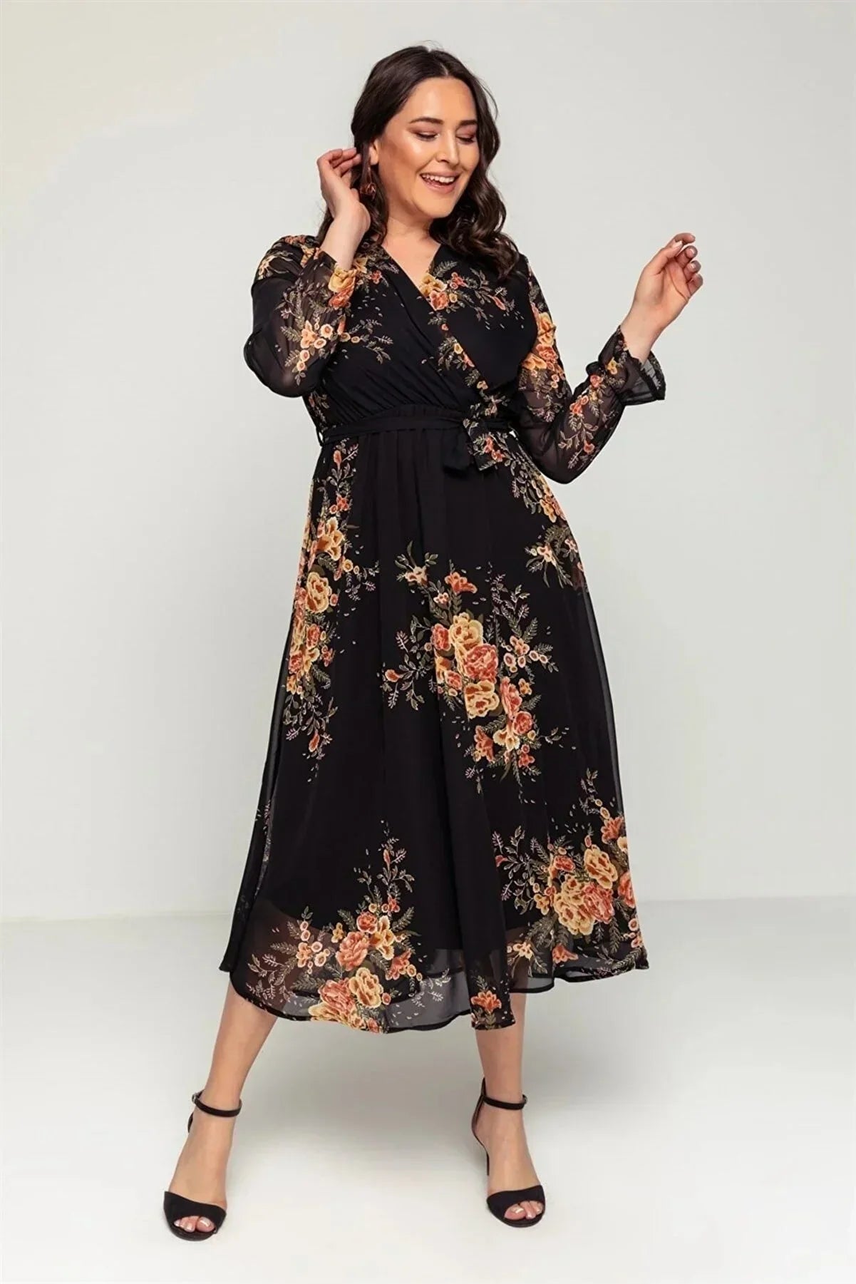 Women's Yellow Çiçek Patterned Wrap Neck Chiffon Plus Size Dress