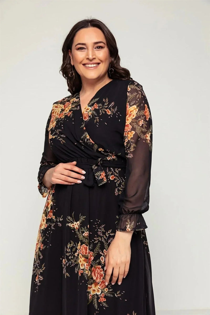 Women's Yellow Çiçek Patterned Wrap Neck Chiffon Plus Size Dress