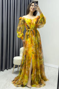 Yellow Off-Shoulder Floral Pattern Evening Dress