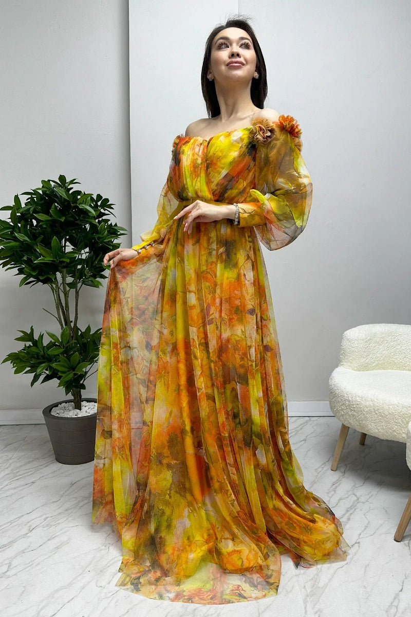 Women's Yellow Off-Shoulder Belted Patterned Slit Evening Gown