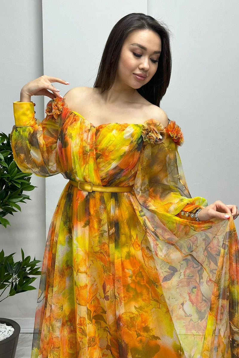 Women's Yellow Off-Shoulder Belted Patterned Slit Evening Gown