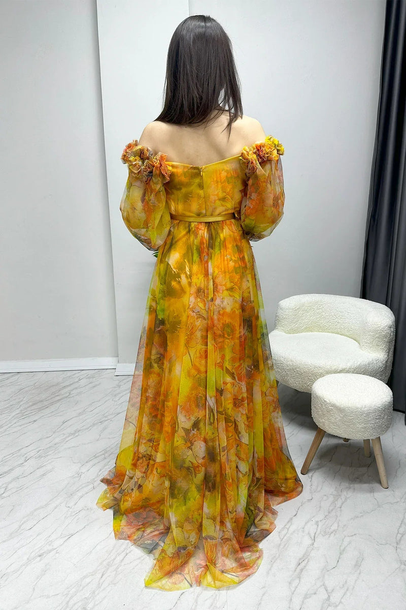 Women's Yellow Off-Shoulder Belted Patterned Slit Evening Gown