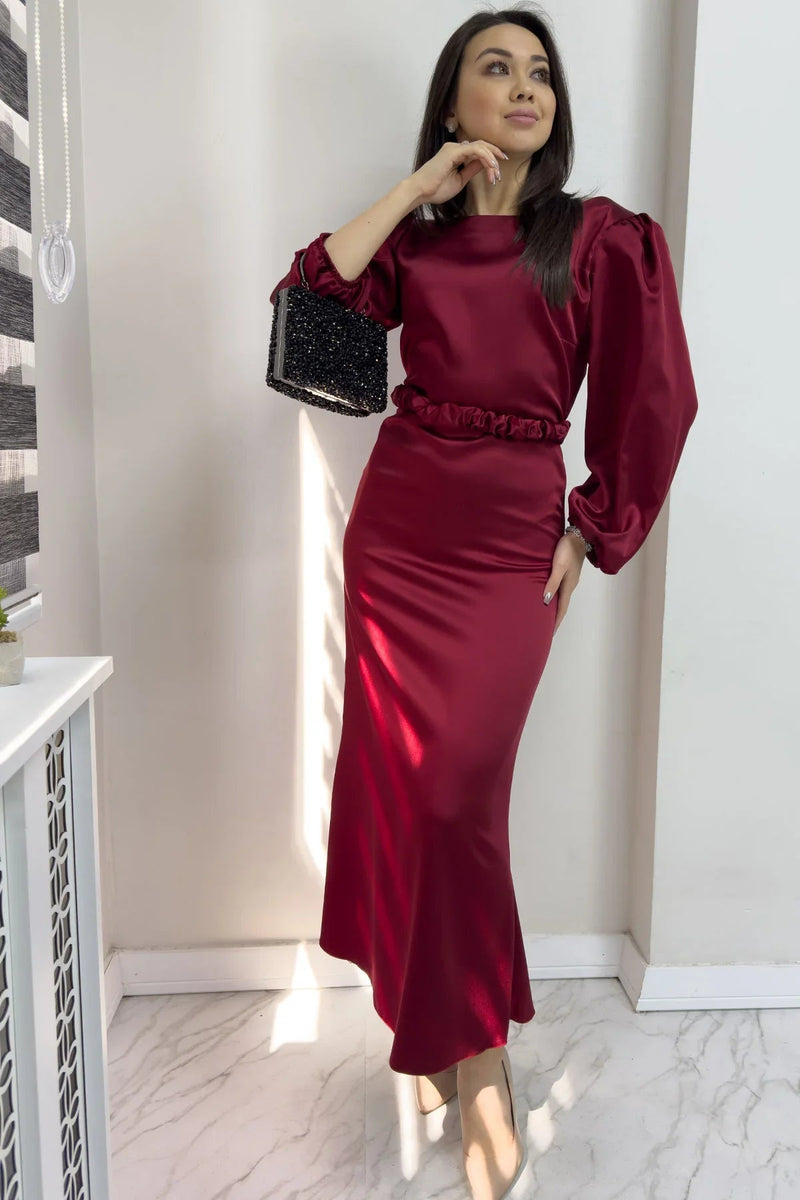 Women's Burgundy Belted Balloon Sleeve Midi Satin Plus Size Evening Gown