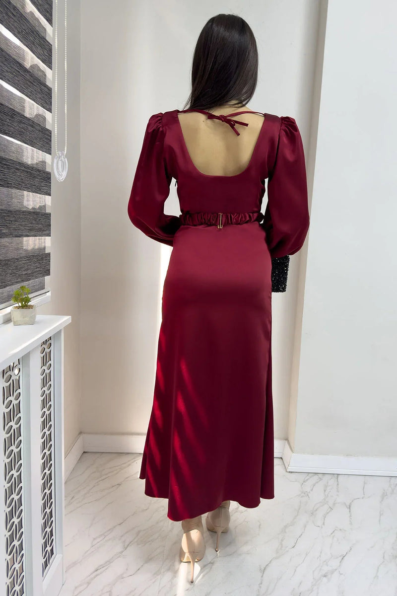 Women's Burgundy Belted Balloon Sleeve Midi Satin Plus Size Evening Gown