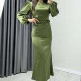 Khaki Midi Satin Evening Dress