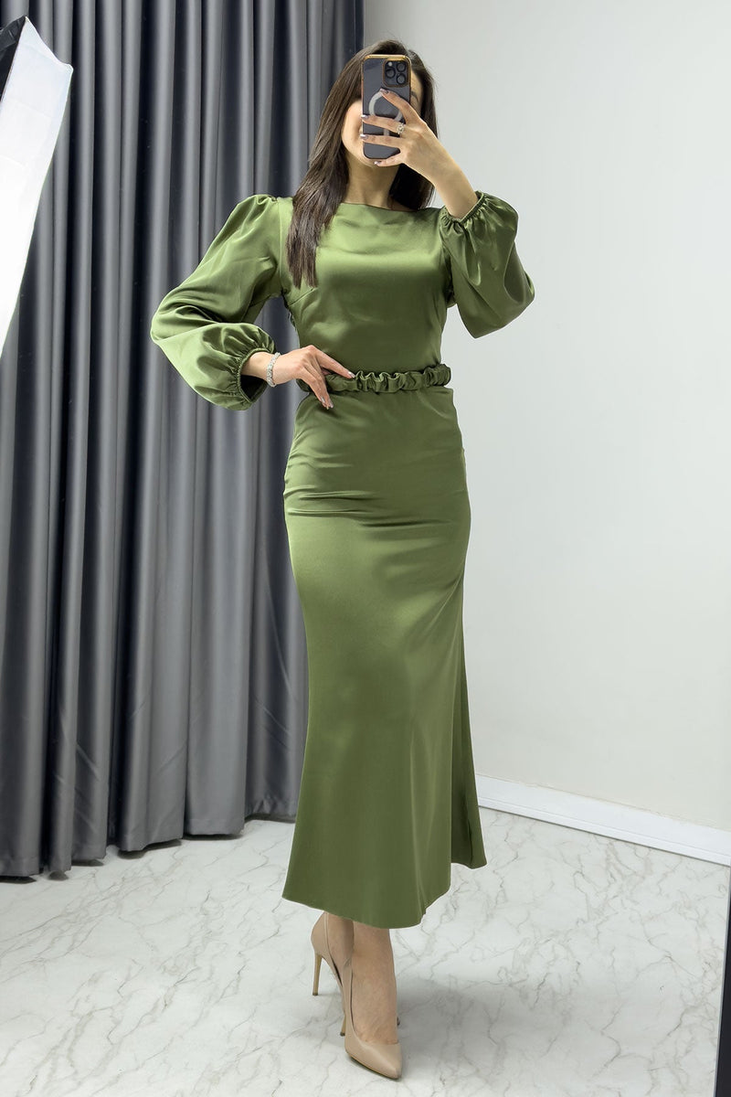 Women's Khaki Belted Balloon Sleeve Midi Satin Plus Size Evening Gown