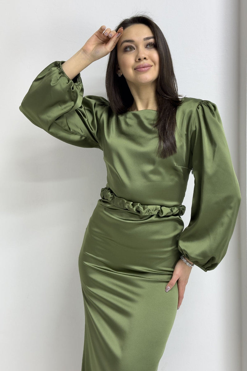 Women's Khaki Belted Balloon Sleeve Midi Satin Plus Size Evening Gown