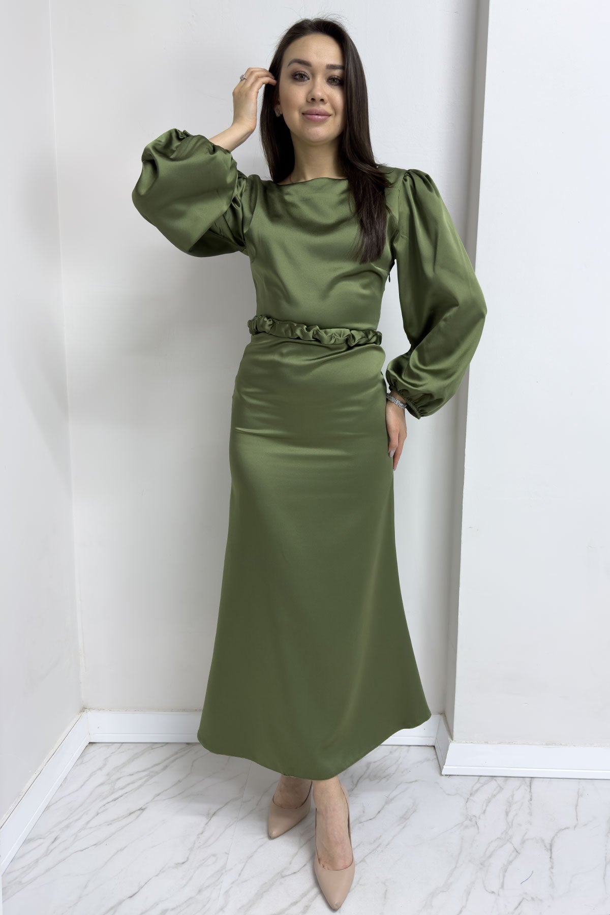 Women's Khaki Belted Balloon Sleeve Midi Satin Plus Size Evening Gown