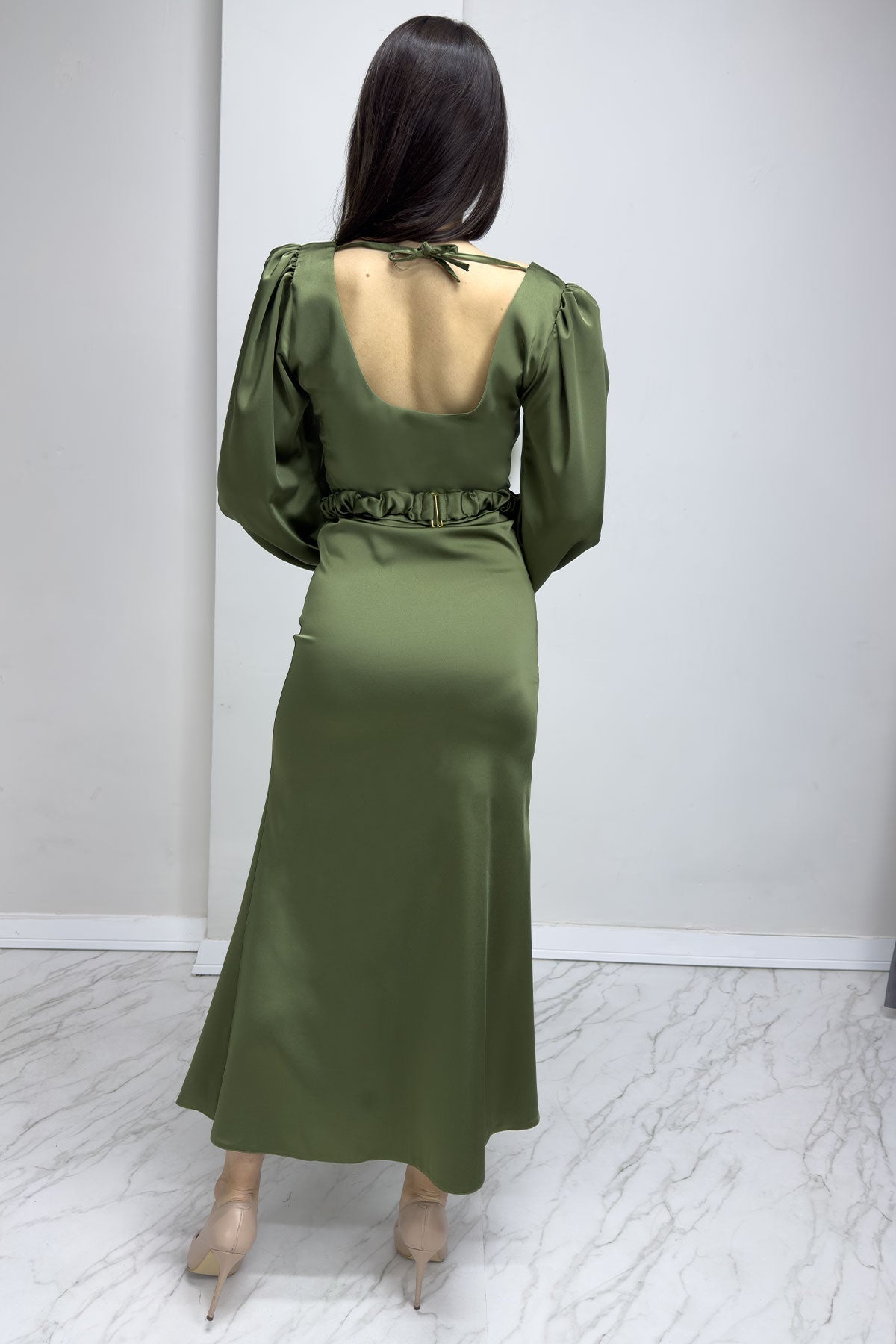 Women's Khaki Belted Balloon Sleeve Midi Satin Plus Size Evening Gown