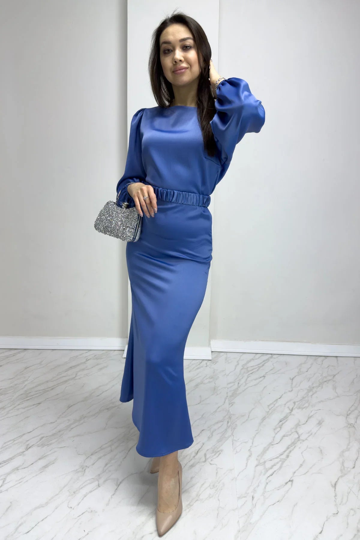 Women's Indigo Belted Balloon Sleeve Midi Satin Plus Size Evening Gown