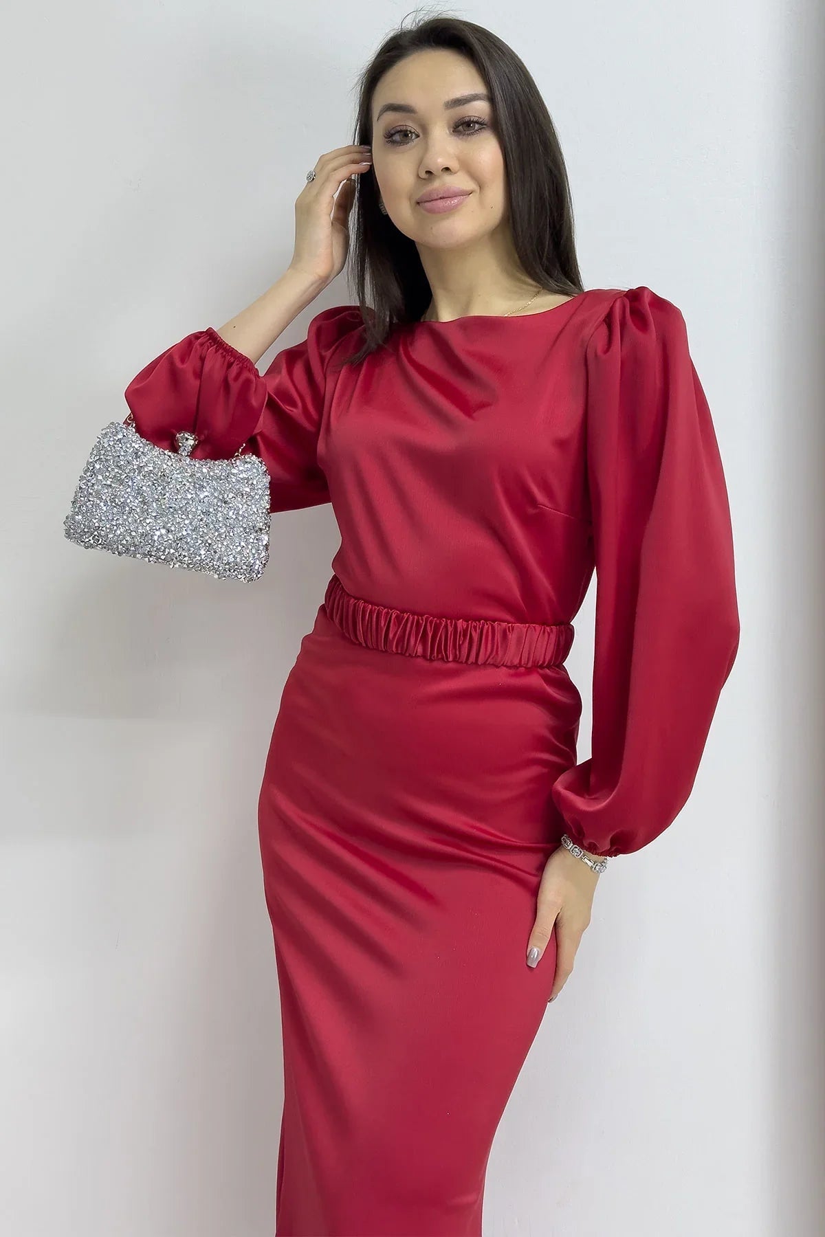 Women's Red Belted Balloon Sleeve Midi Satin Plus Size Evening Gown