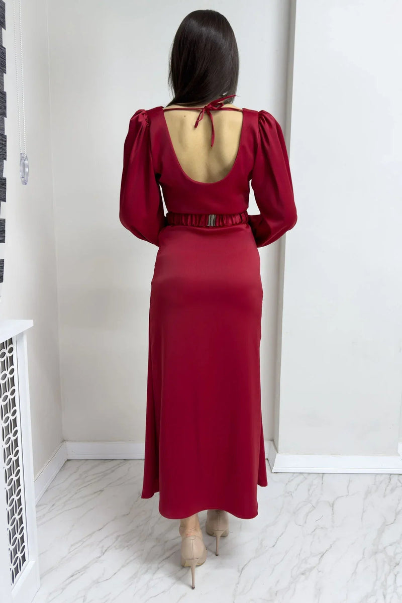Women's Red Belted Balloon Sleeve Midi Satin Plus Size Evening Gown