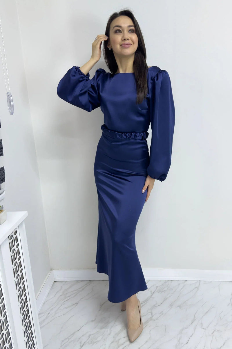Women's Navy Blue Belted Balloon Sleeve Midi Satin Plus Size Evening Gown