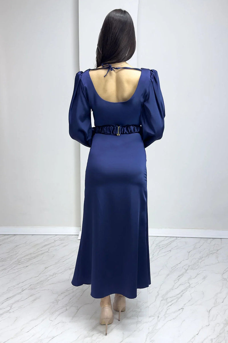 Women's Navy Blue Belted Balloon Sleeve Midi Satin Plus Size Evening Gown