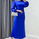 Saxe Blue Midi Satin Evening Dress