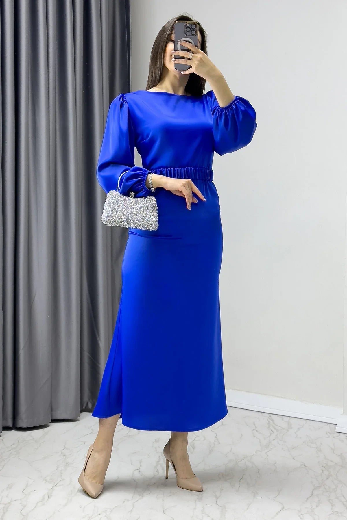 Women's Saxe Belted Balloon Sleeve Midi Satin Plus Size Evening Gown