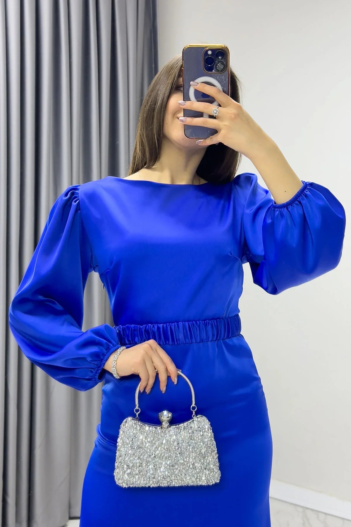 Women's Saxe Belted Balloon Sleeve Midi Satin Plus Size Evening Gown