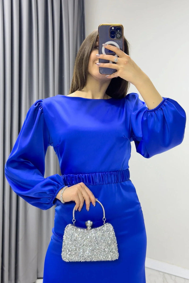 Women's Saxe Belted Balloon Sleeve Midi Satin Plus Size Evening Gown