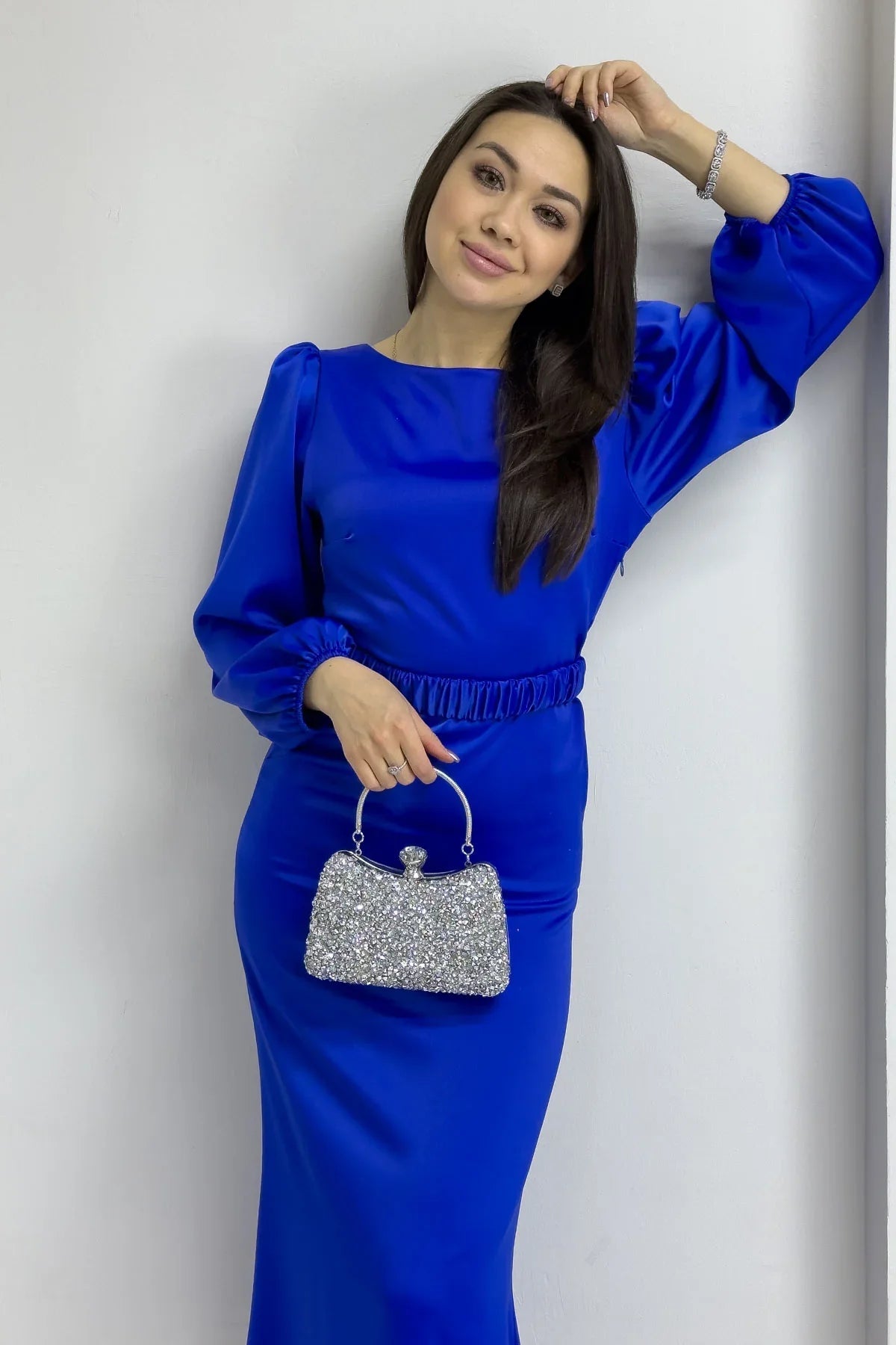 Women's Saxe Belted Balloon Sleeve Midi Satin Plus Size Evening Gown