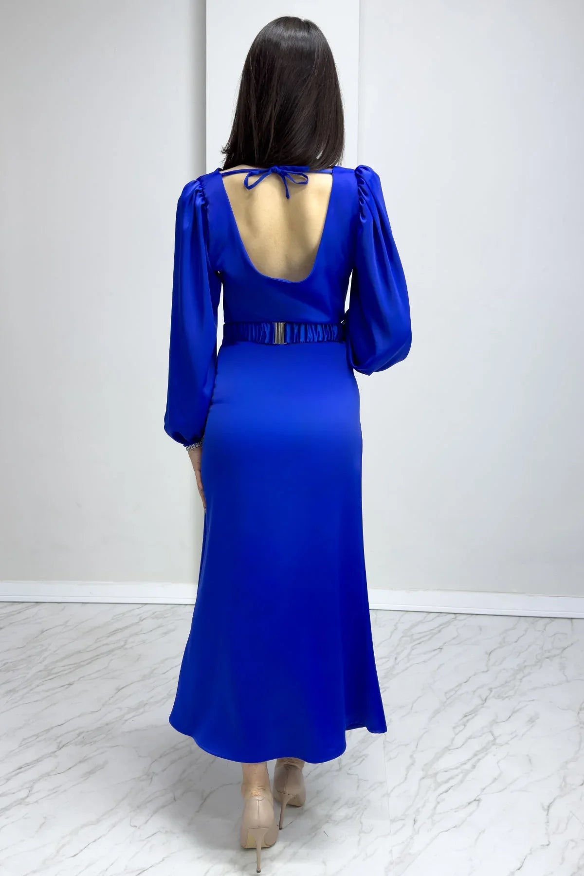 Women's Saxe Belted Balloon Sleeve Midi Satin Plus Size Evening Gown