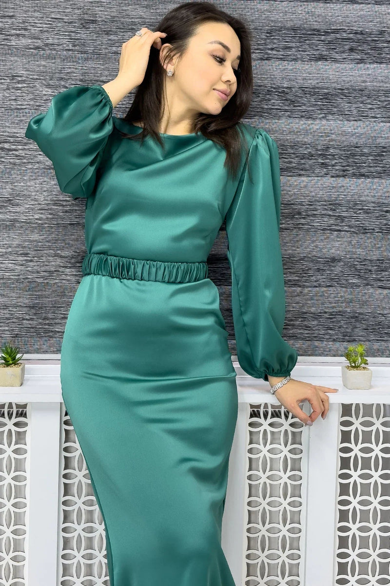 Women's Emerald Green Belted Balloon Sleeve Midi Satin Plus Size Evening Gown