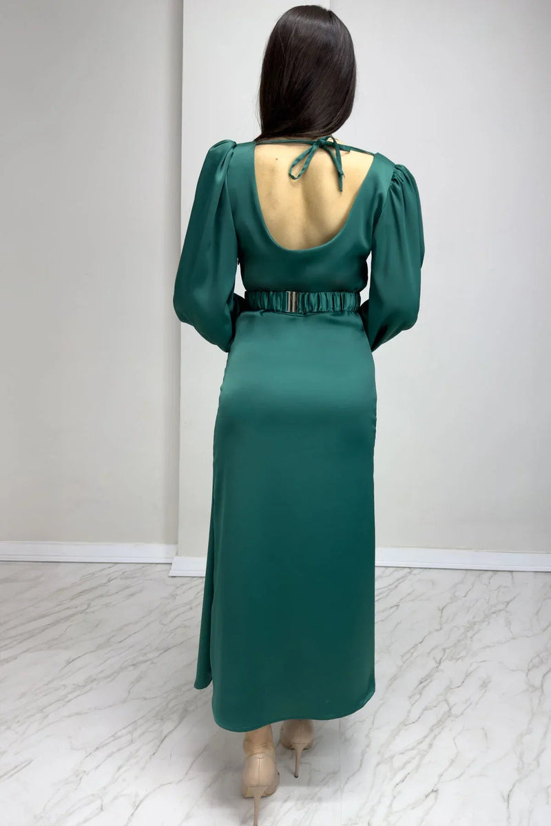 Women's Emerald Green Belted Balloon Sleeve Midi Satin Plus Size Evening Gown