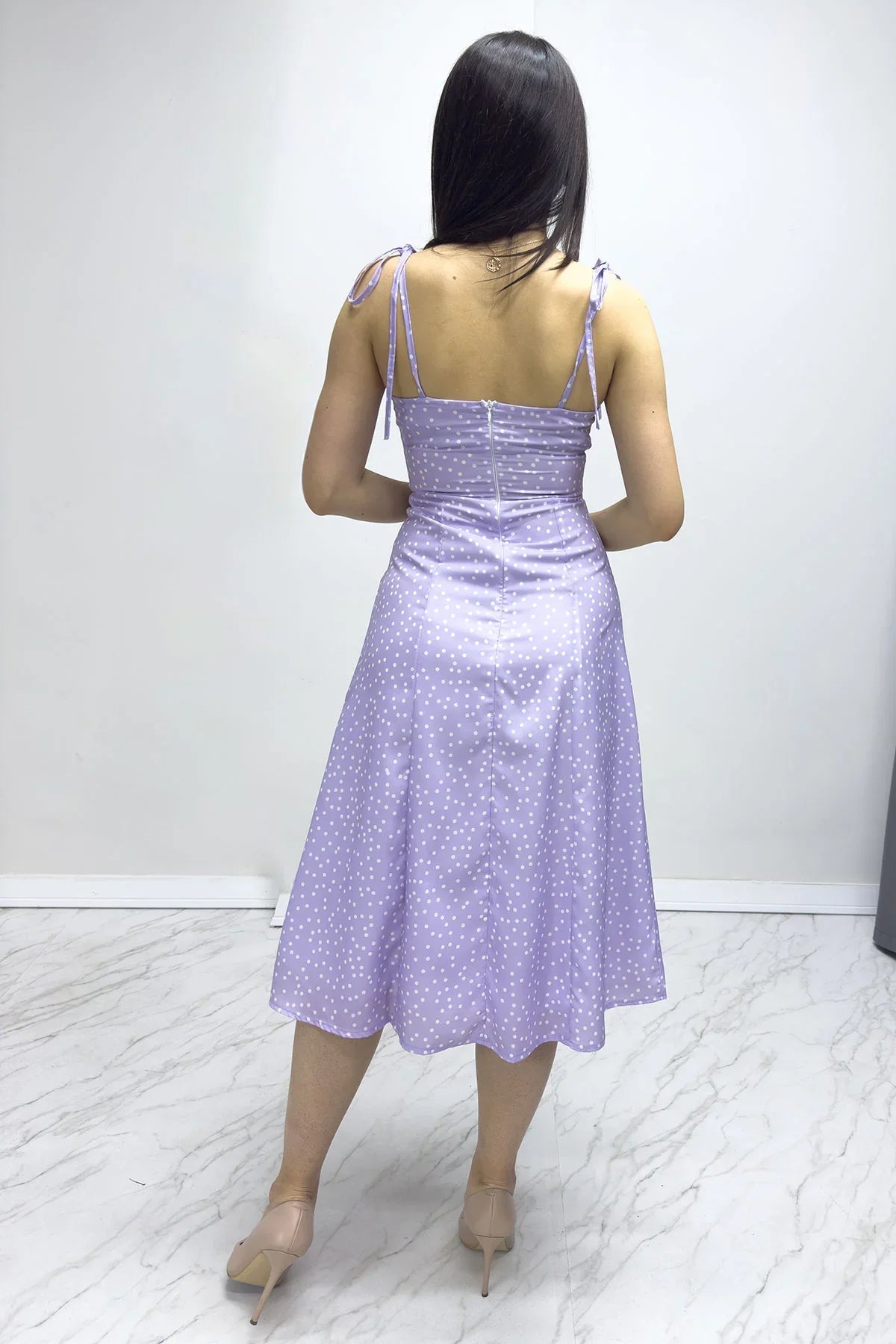 Women's Lilac Puantiye Patterned Satin Strap Dress