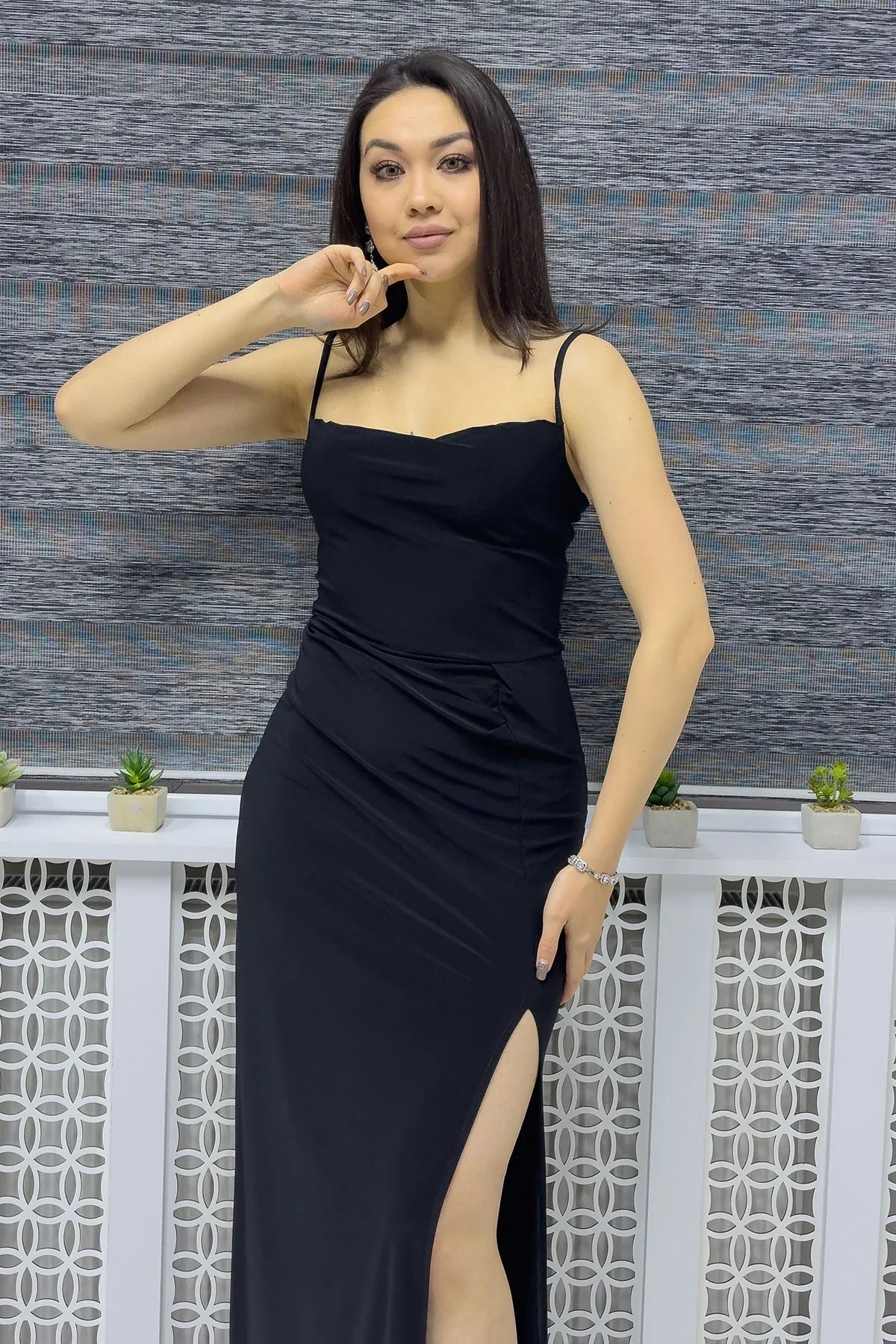 Women's Black Scuba Slit Strap Dress