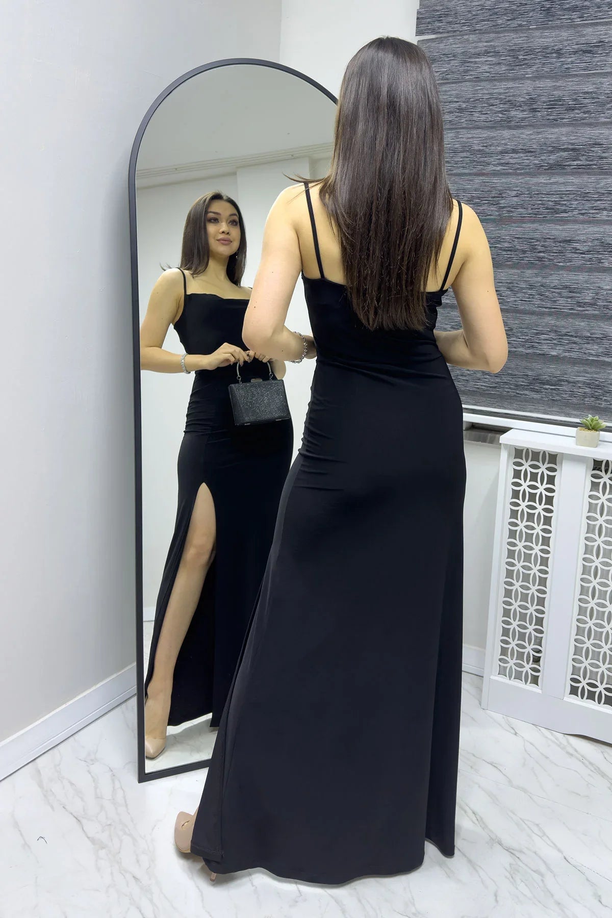 Women's Black Scuba Slit Strap Dress