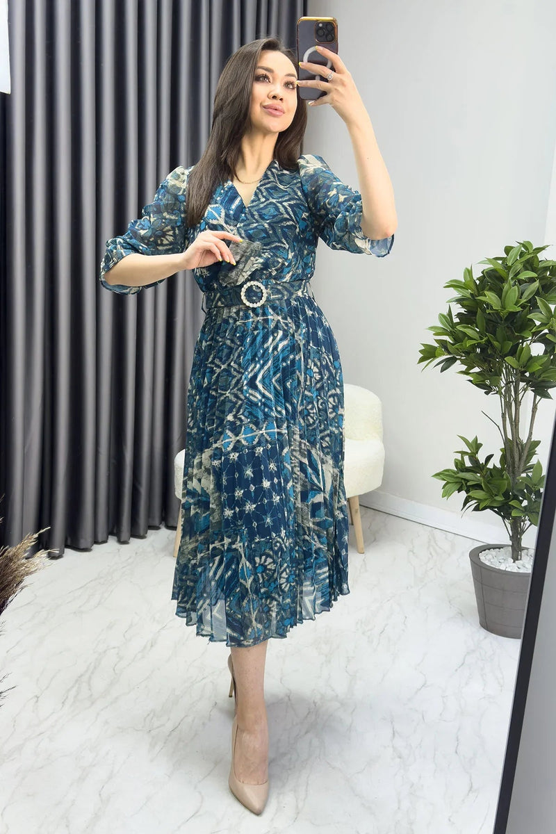 Women's Blue Patterned Pleated Short Sleeve Taş Belted Chiffon Dress