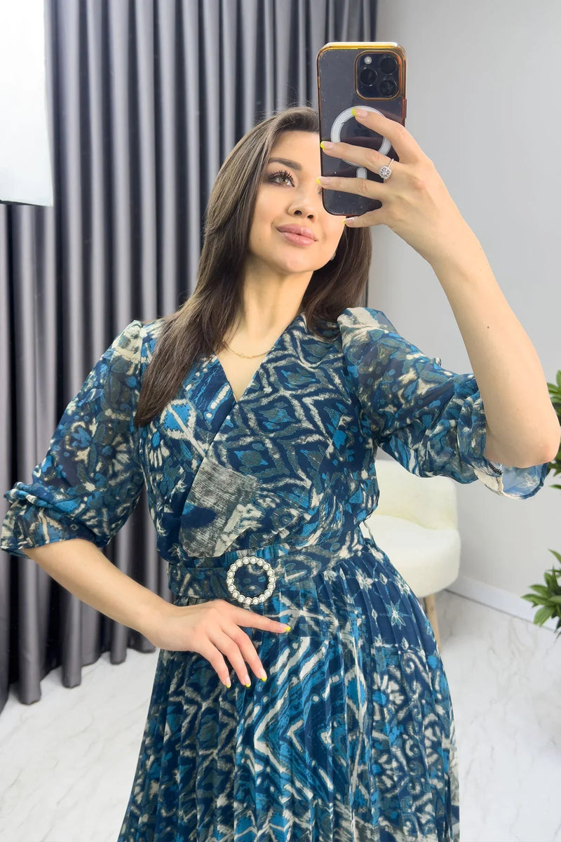 Women's Blue Patterned Pleated Short Sleeve Taş Belted Chiffon Dress