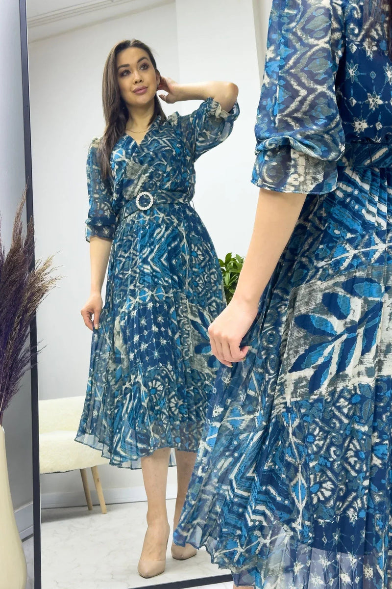 Women's Blue Patterned Pleated Short Sleeve Taş Belted Chiffon Dress