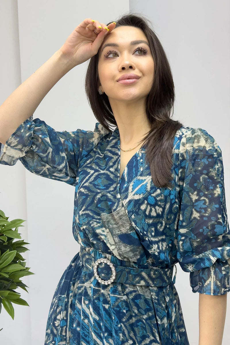 Women's Blue Patterned Pleated Short Sleeve Taş Belted Chiffon Dress