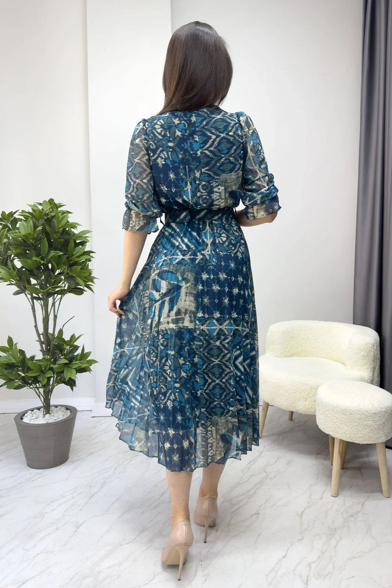 Women's Blue Patterned Pleated Short Sleeve Taş Belted Chiffon Dress