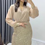 Beige Midi Sequin Evening Dress