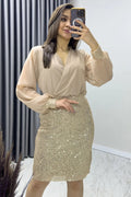 Beige Midi Sequin Evening Dress